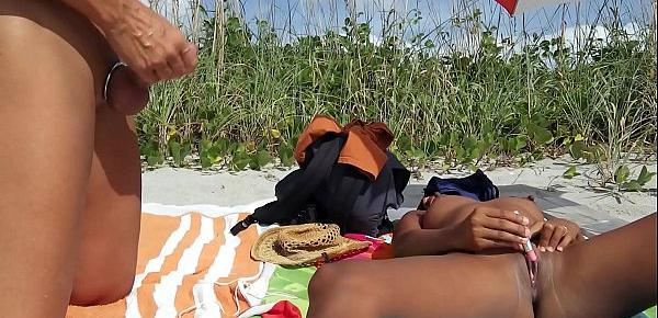  Public beach jerk off. Big cumshot on Aisanippie. Voyeurstyle.